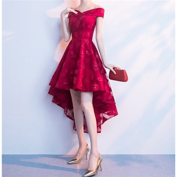赤 オフショルダー フィッシュテールのパーティードレス[DRA14] / お洒落なドレス通販《デ・ルセオ》着るだけで簡単に綺麗になれる