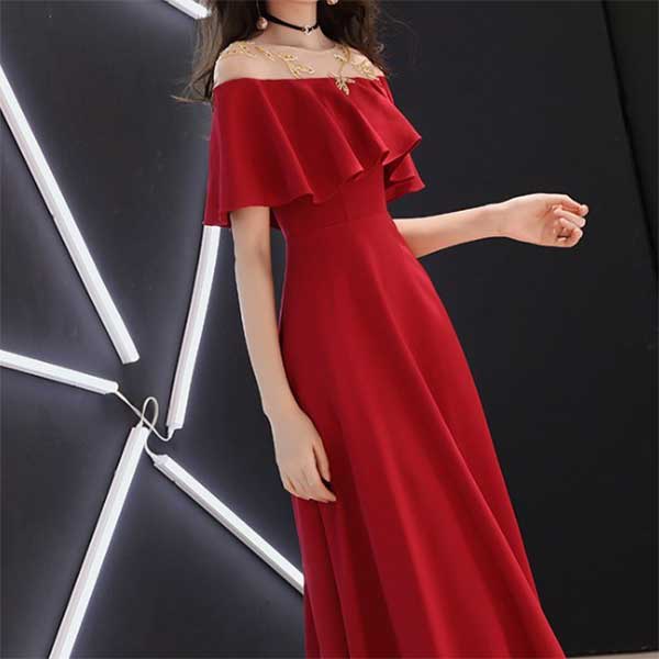オフショルダー風・甘いめ赤のロングドレス[DRA62] / お洒落なドレス