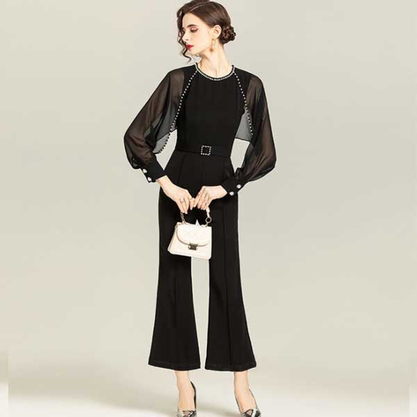 クロップド丈 個性的でお洒落な黒のオールインワン シースルー袖のパンツドレス