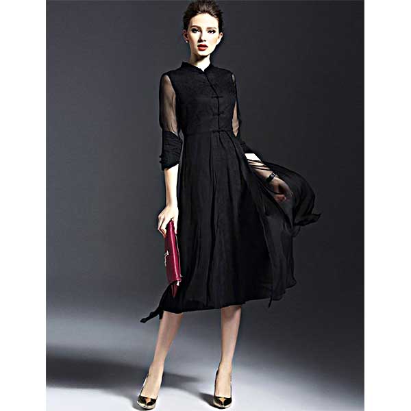 チャイナ風　スタンドカラー 黒のロングドレス[OZK21-2B]・全身イメージ