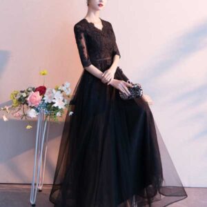 De Luceo DRB33 結婚式 ドレス パーティードレス 総レース Aライン 大人可愛いデザイン 黒 ロング丈 二の腕カバー 親族用 甥っ子　姪っ子　お呼ばれ 20代 30代 40代 50代