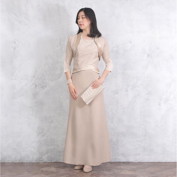 結婚式 母親 洋装 親族 ロングドレス マザーズドレス 上品 ベージュ 着痩せ効果 ジャケット付き レース甥 姪 フォーマル 袖あり 演奏会【drb61】