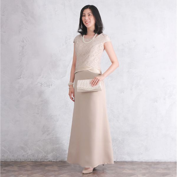 結婚式 母親 洋装 親族 ロングドレス マザーズドレス 上品 ベージュ 着痩せ効果 ジャケット付き レース甥 姪 フォーマル 袖あり 演奏会【drb61】