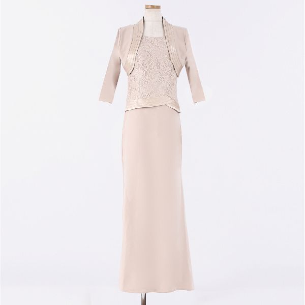 結婚式 母親 洋装 親族 ロングドレス マザーズドレス 上品 ベージュ 着痩せ効果 ジャケット付き レース甥 姪 フォーマル 袖あり 演奏会【drb61】